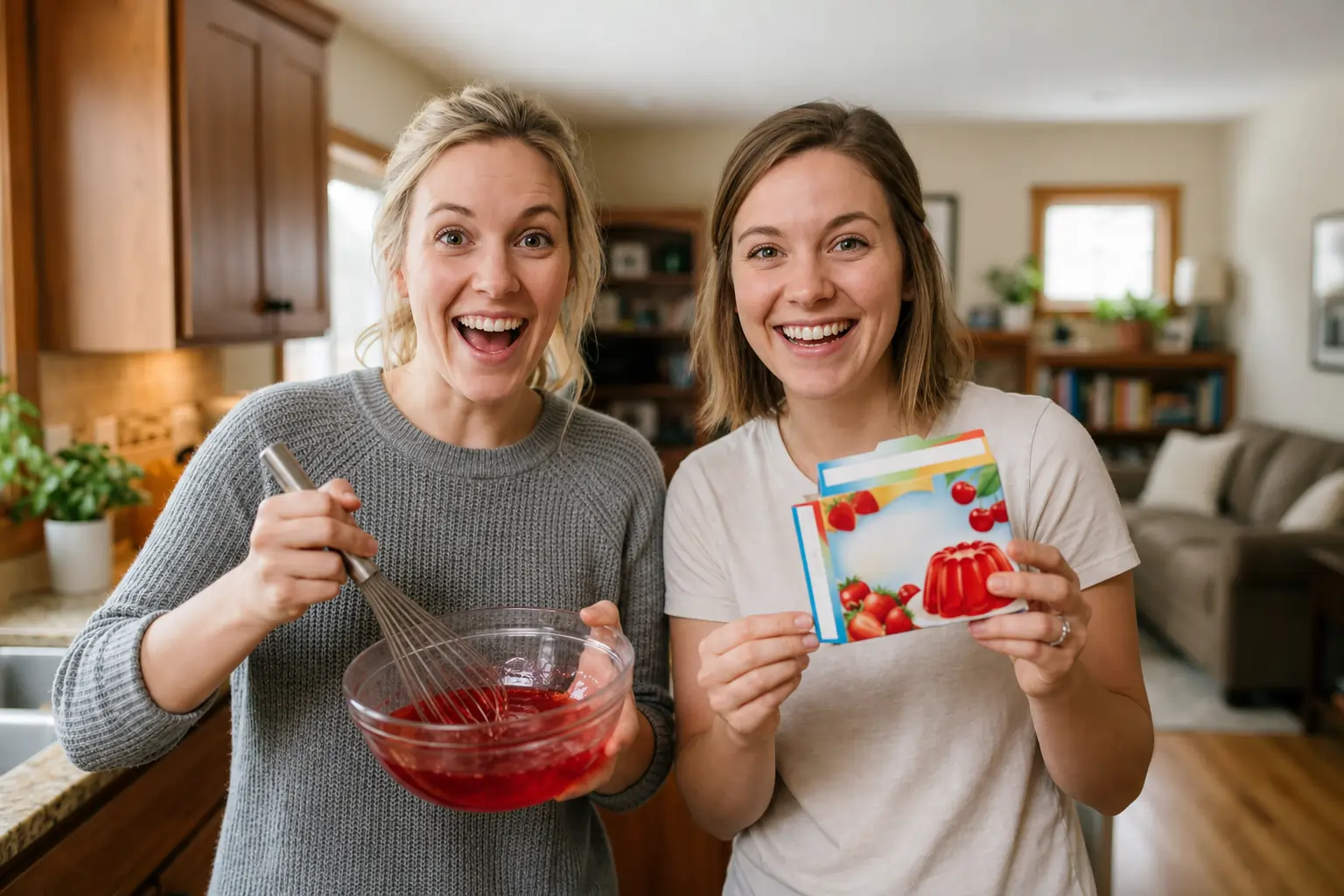 Two happy women in a kitchen smiling while holding a bowl of red gelatin mixture and a colorful recipe card